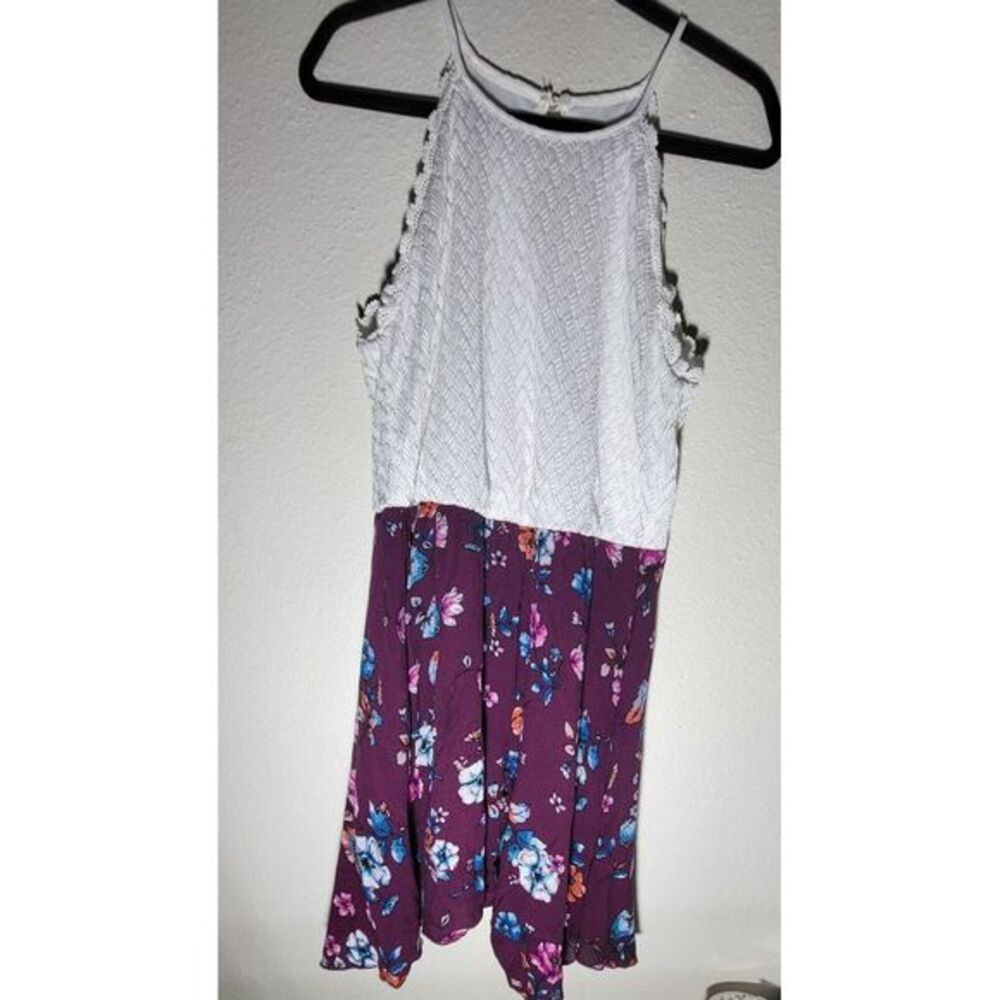 LILY ROSE Fit & Flare Dress XL White Lace Burgundy Floral Handkerchief Hem Party